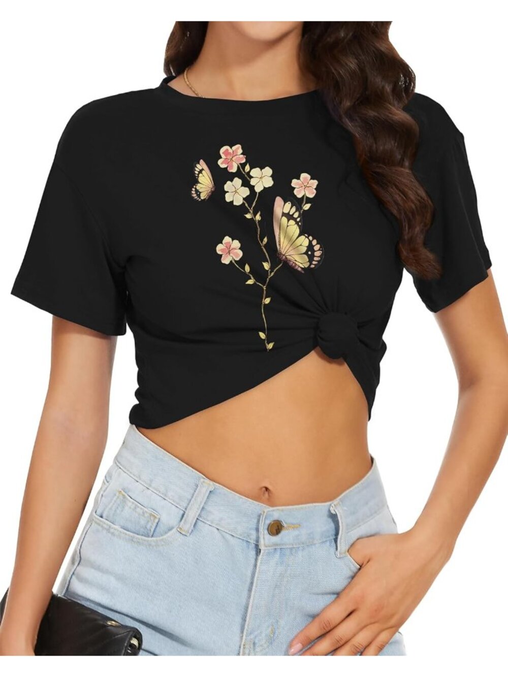 Women's Pink Butterfly Flower Short Sleeve Round Neck Loose Fit Summer Crop Tops - Picture 3 of 6